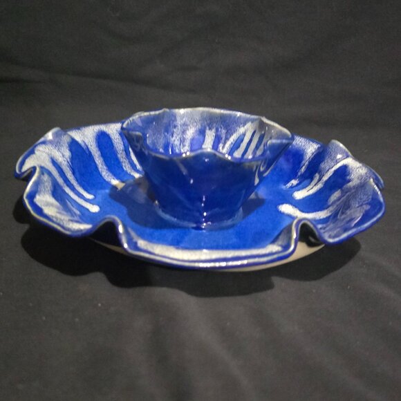Handmade Art Pottery Chip and Dip Dish - Blue Gray Drip Glaze - 11/14" x 2 5/8" - Picture 2 of 4